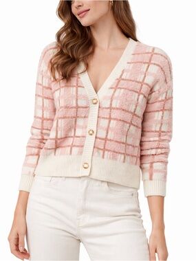 LC Lauren Conrad Pink Plaid Cardigan XS Cozy Soft Girl Preppy Cottagecore
